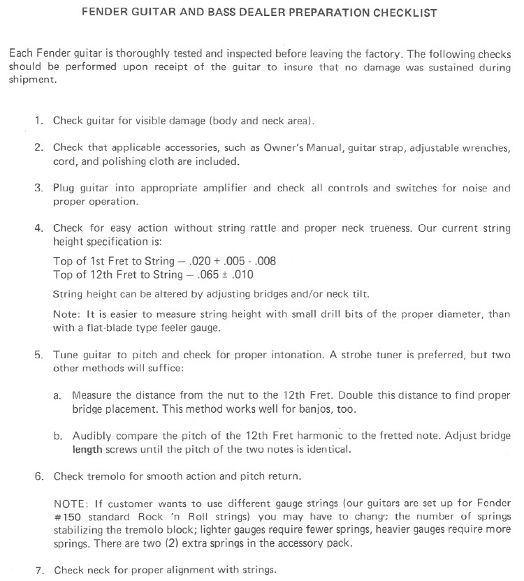Fender Dealer Checklist